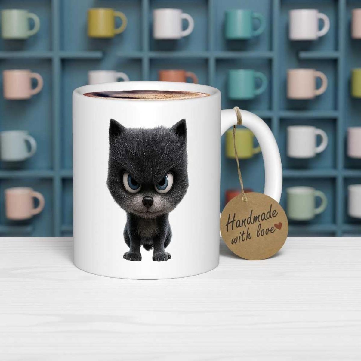 Tailorly White Ceramic 11 oz Mug - Handmade With Love Fierce Tiny Black Furry Creature Sitting With Intense Angry Eyes Wolf