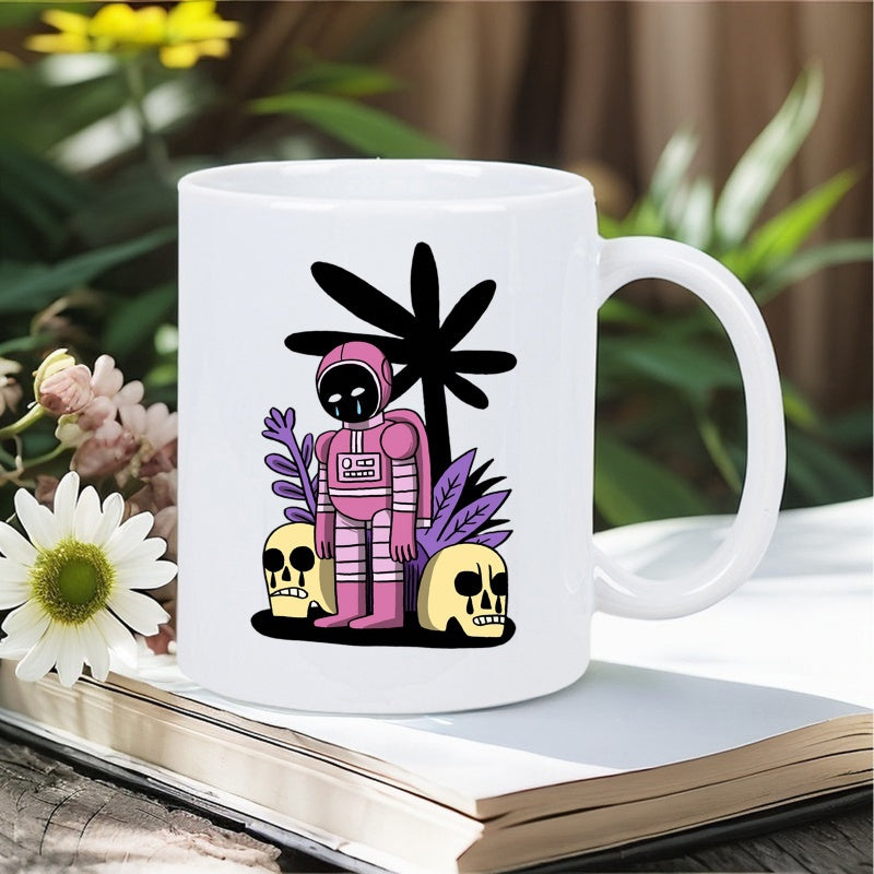 Tailorly White Ceramic 11 oz Mug - Pink Striped Stylized Space Explorer Standing Among Crying Yellow Skulls Astronaut
