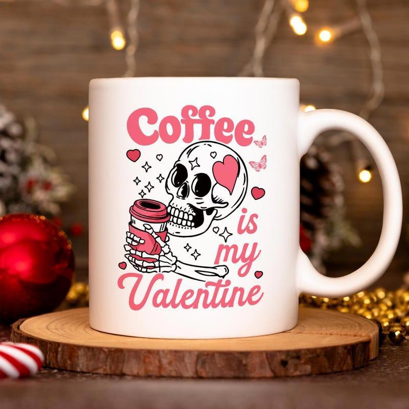 Tailorly White Ceramic 11 oz Mug - Coffee Is My Valentine Skeleton Hand Holding A Warm Cup With Sparkling Hearts Mug