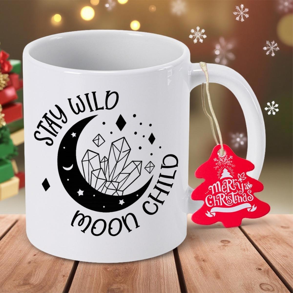 Tailorly White Ceramic 11 oz Mug - Stay Wild Moon Child Mystical Bohemian Crystal Clusters Glowing Within A Celestial Crescent Moon