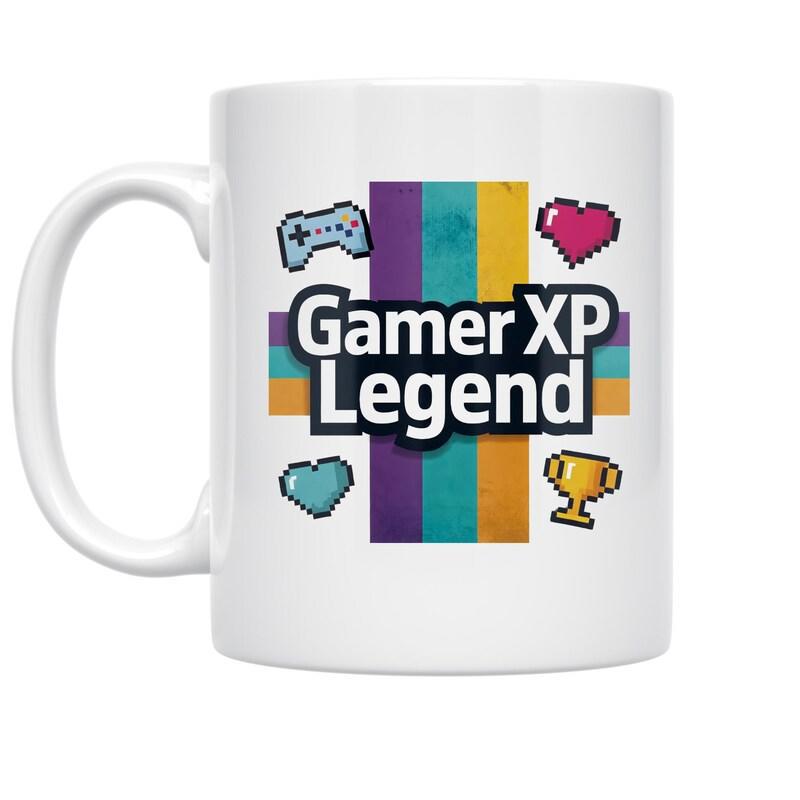 Tailorly White Ceramic 11 oz Mug - Gamer XP Legend Retro Colorful Stripes Featuring Pixelated Game Controller Heart And Golden Trophy Design