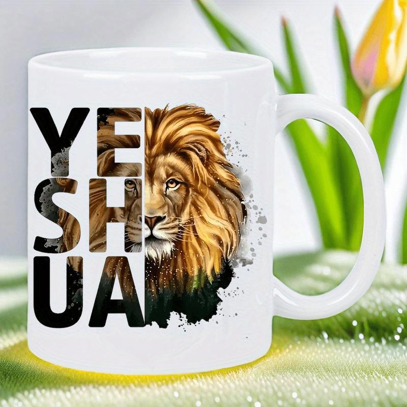 Tailorly White Ceramic 11 oz Mug - Yeshua Majestic Golden Mane Divided Face With Bold Artistic Lettering Lion