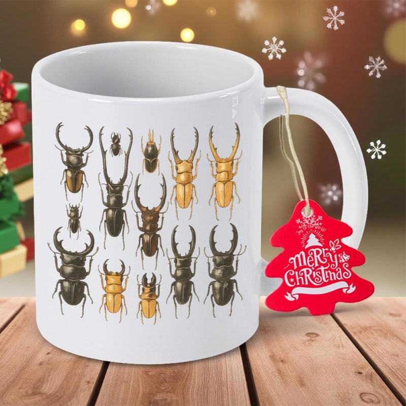Tailorly White Ceramic 11 oz Mug - Merry Christmas Detailed Scientific Illustrations Of Various Species Showing Many Unique Horned Beetle