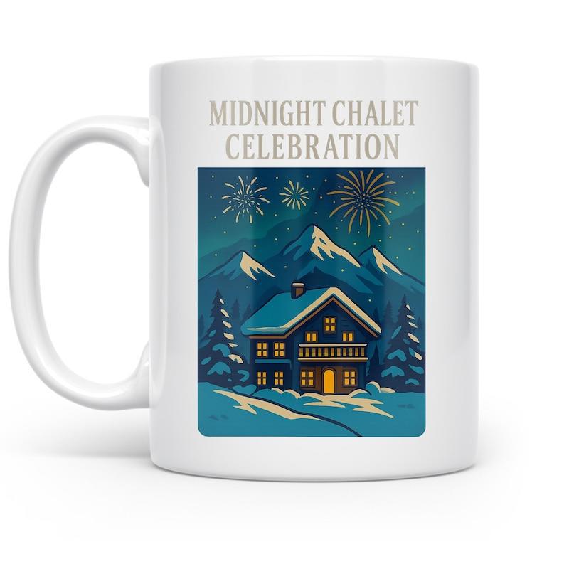 Tailorly White Ceramic 11 oz Mug - Midnight Chalet Celebration Snowy Mountain Landscape With Fireworks Lighting Up The Night Sky Chalet
