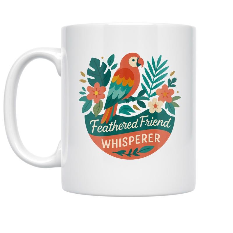 Tailorly White Ceramic 11 oz Mug - Feathered Friend Whisperer Colorful Tropical Macaw Resting On Branch Surrounded By Exotic Flowers Parrot