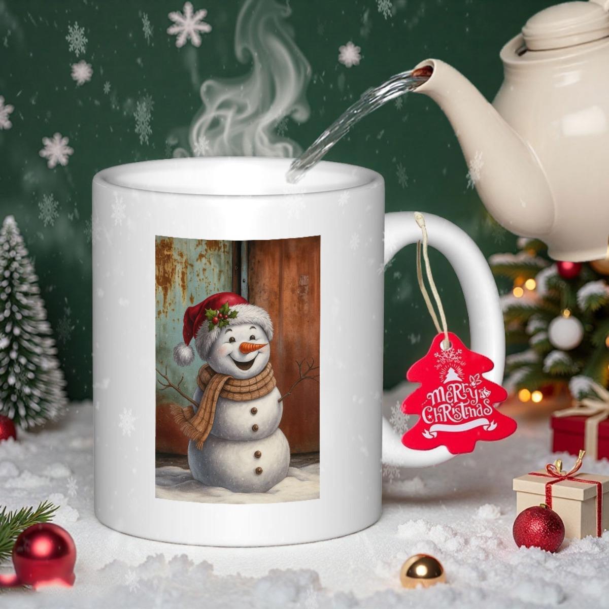 Tailorly White Ceramic 11 oz Mug - Merry Christmas Smiling Winter Snowman Wearing Scarf And Festive Red Hat Snowman