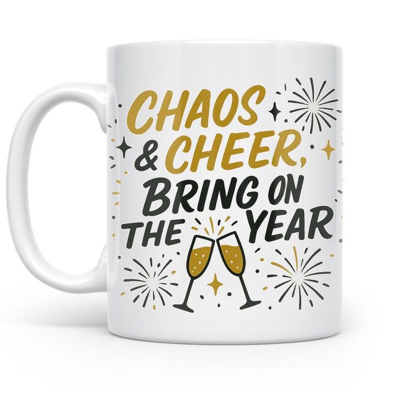 Tailorly White Ceramic 11 oz Mug - Chaos Cheer Bring On The Year Festive Celebration With Clinking Champagne Glasses And Sparkling Fireworks Mug