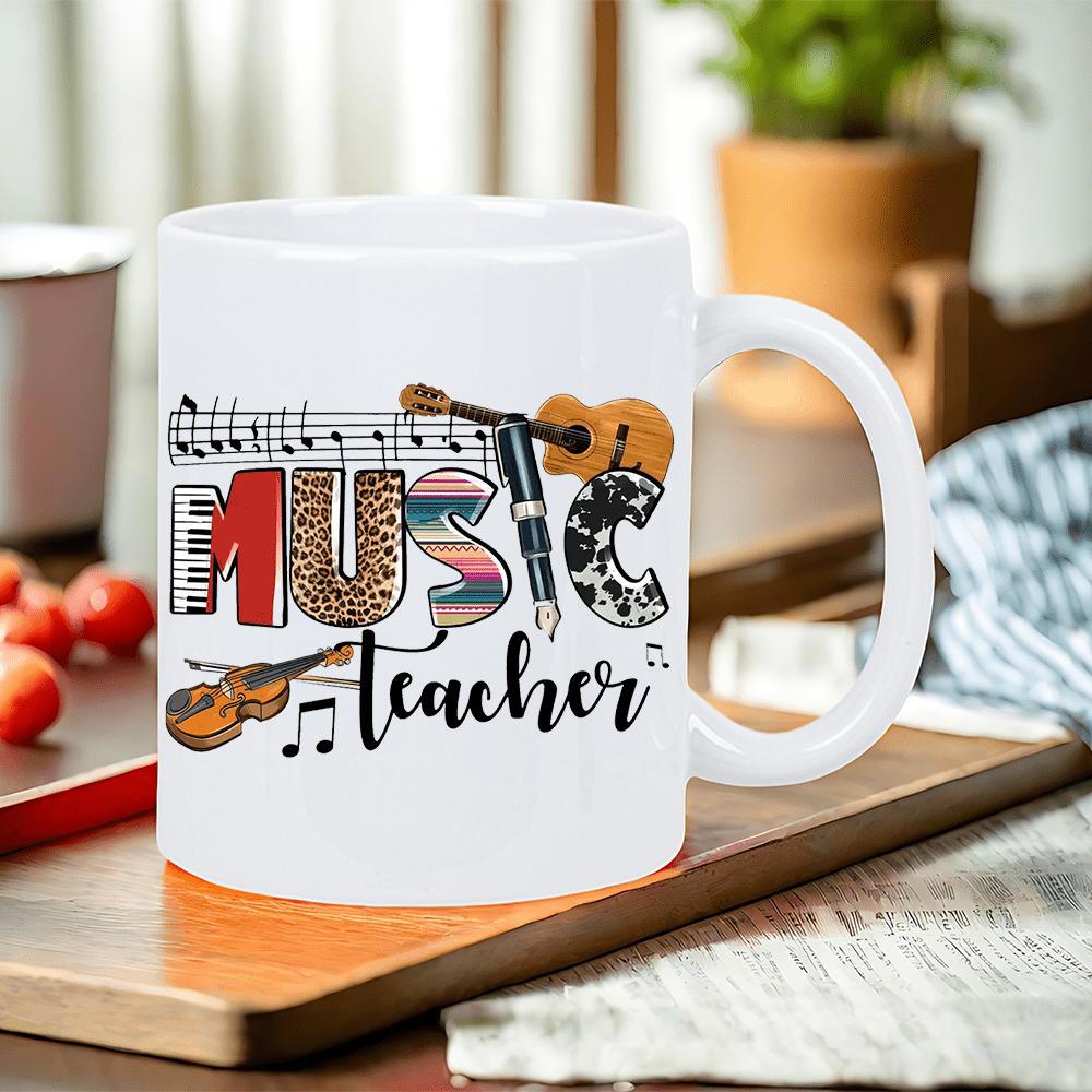 Tailorly White Ceramic 11 oz Mug - Music Teacher Artistic Collection Of Musical Instruments And Notes With Creative Patterns Instruments