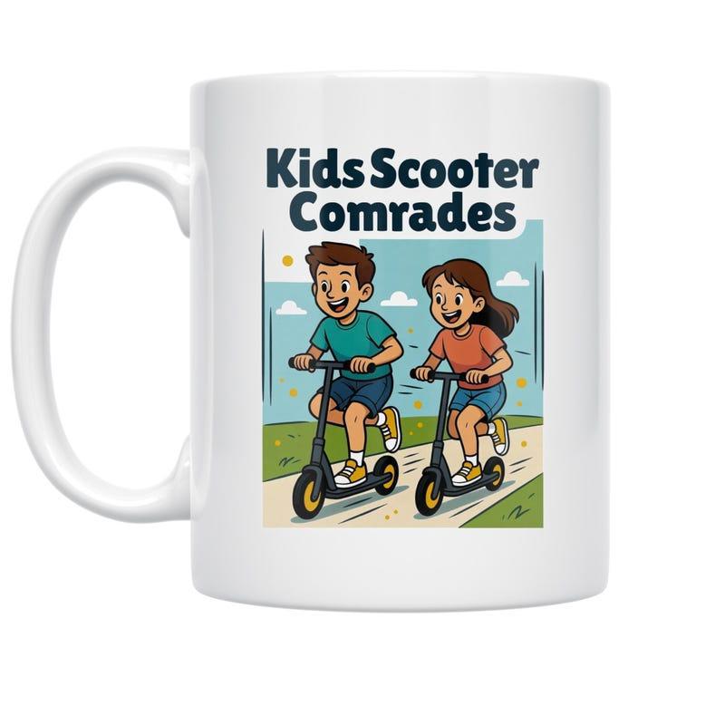 Tailorly White Ceramic 11 oz Mug - Kids Scooter Comrades Vibrant Cartoon Children Enjoying A Ride Along The Sunny Outdoor Path Scooter