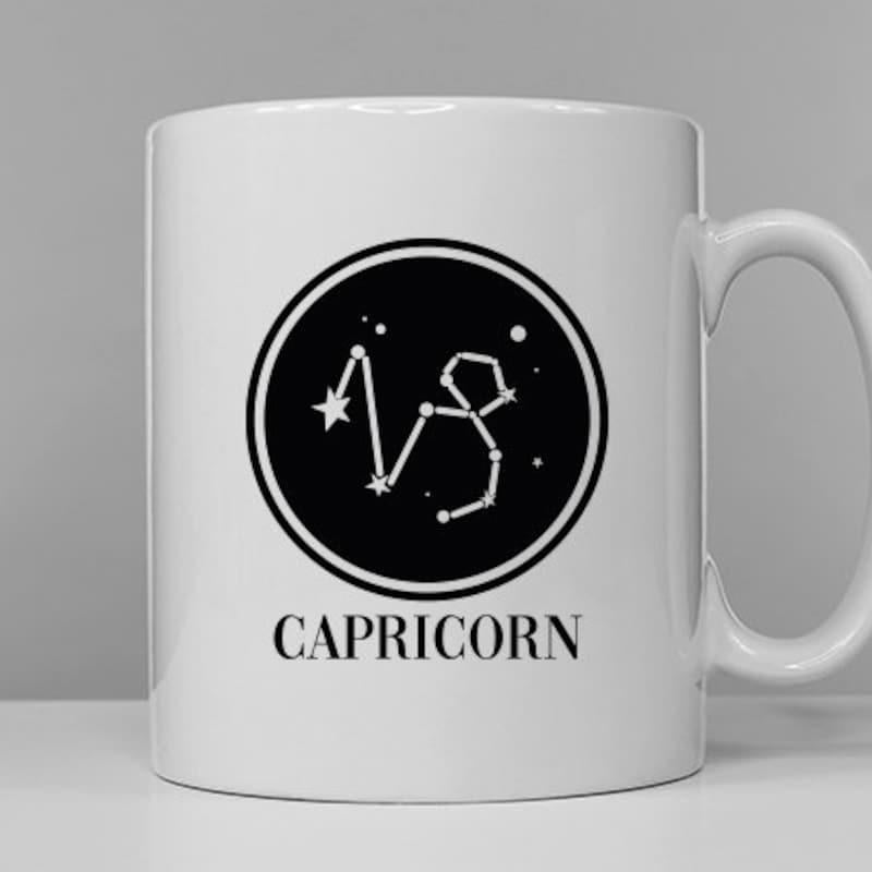 Tailorly White Ceramic 11 oz Mug - Capricorn Minimalist Celestial Constellation Lines Within A Bold Dark Midnight Circle Mug