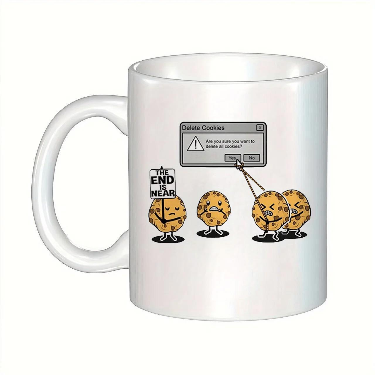 Tailorly White Ceramic 11 oz Mug - The End Is Near Delete All Cookies Cartoon Chocolate Chip Cookies Panicking Near Retro Computer Dialog Prompt Message Cookie