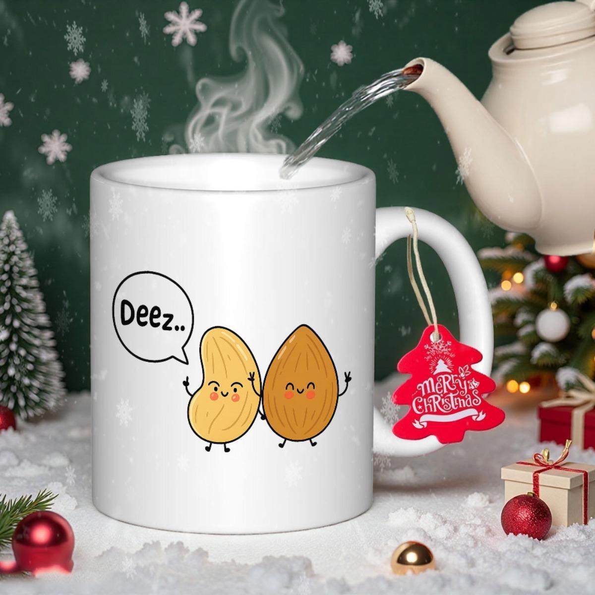 Tailorly White Ceramic 11 oz Mug - Deez Two Cute Cartoon Nuts Holding Hands In Winter Setting Nut