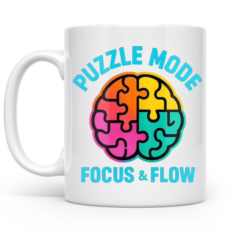 Tailorly White Ceramic 11 oz Mug - Puzzle Mode Focus Flow Vibrant Colorful Puzzle Pieces Joined Together Forming A Symbolic Brain