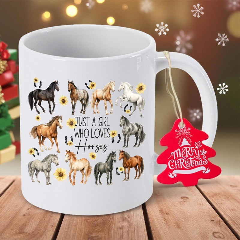 Tailorly White Ceramic 11 oz Mug - Just A Girl Who Loves Horses Multiple Breeds Of Graceful Galloping Beautiful Realistic Painted Horse