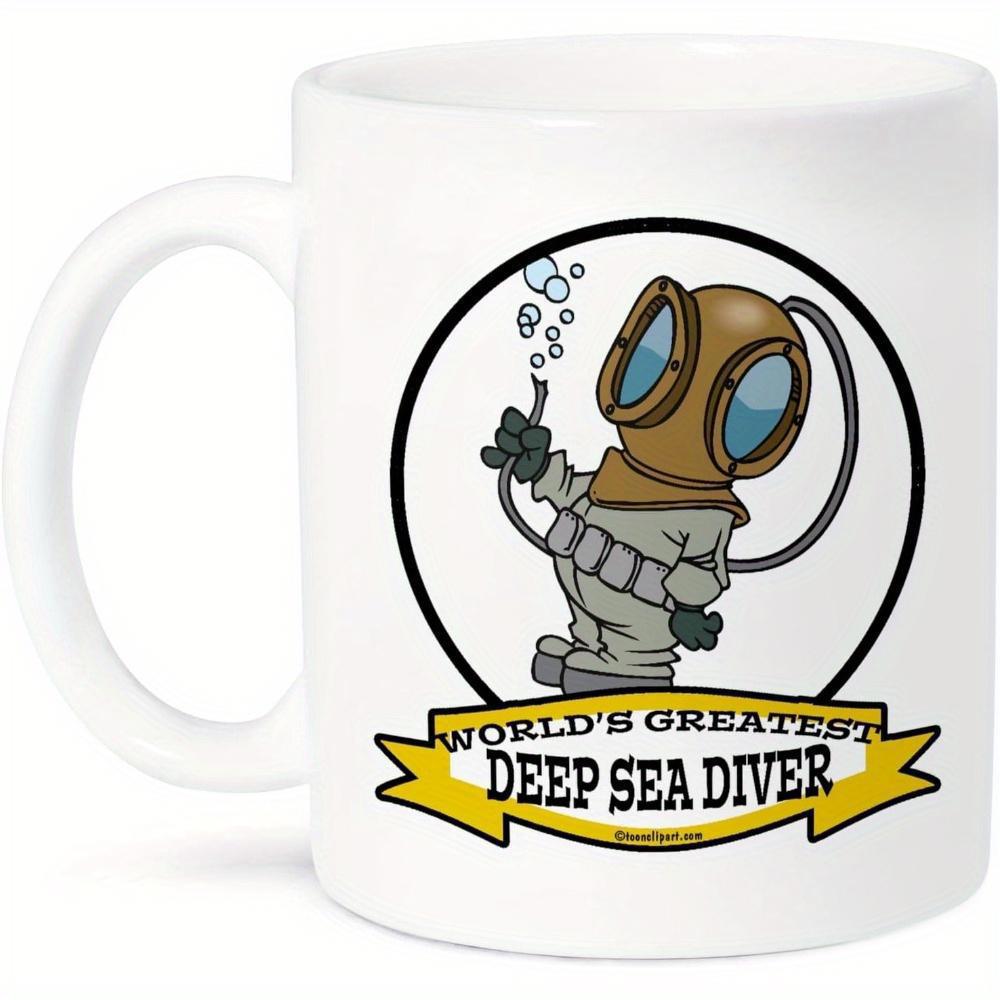 Tailorly White Ceramic 11 oz Mug - Worlds Greatest Deep Sea Diver Cartoon Character Wearing Vintage Suit With Rising Bubbles In Circle Diver
