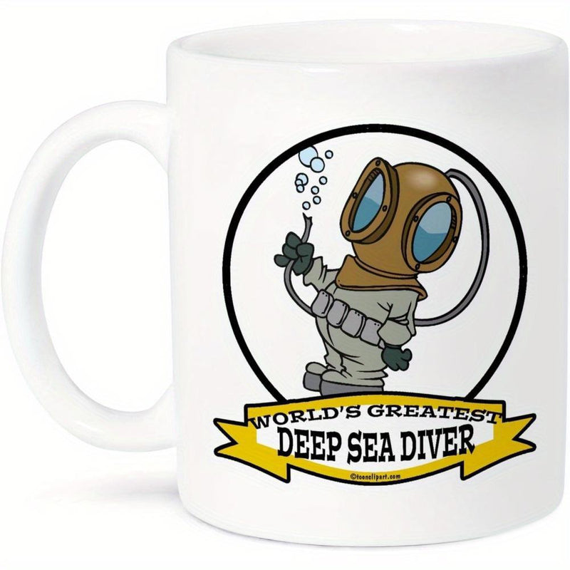 Tailorly White Ceramic 11 oz Mug - Worlds Greatest Deep Sea Diver Cartoon Character Wearing Vintage Suit With Rising Bubbles In Circle Diver