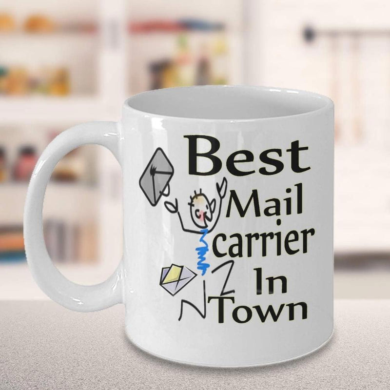 Tailorly White Ceramic 11 oz Mug - Best Mail Carrier In Town Funny Sketch Illustration Of Stick Figure Delivering Envelopes For Postal Service Carrier