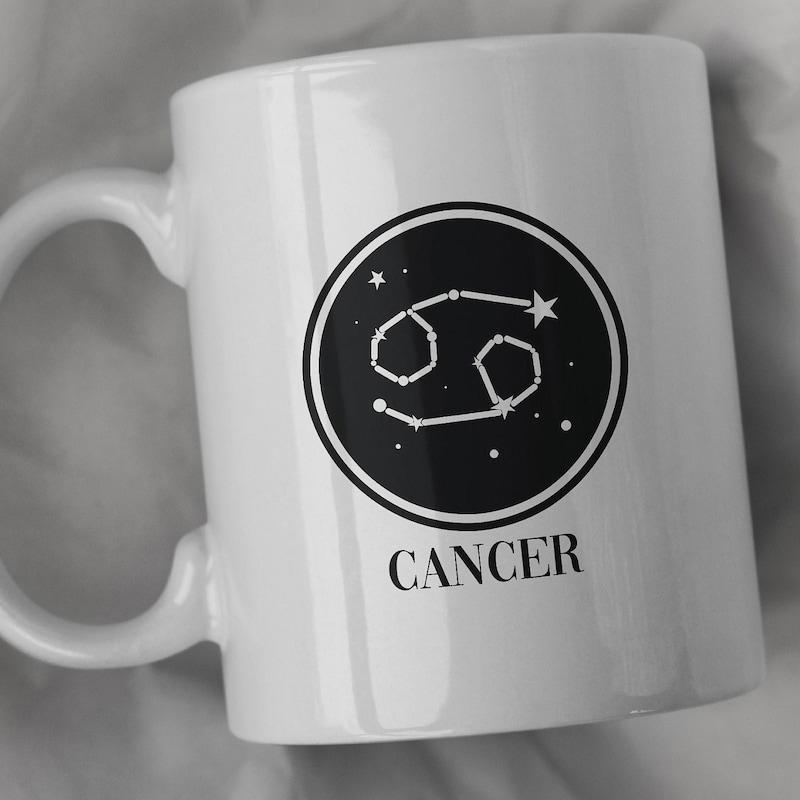 Tailorly White Ceramic 11 oz Mug - Cancer Minimalist Celestial Constellation Sign Within A Bold Black Circular Border Cancer