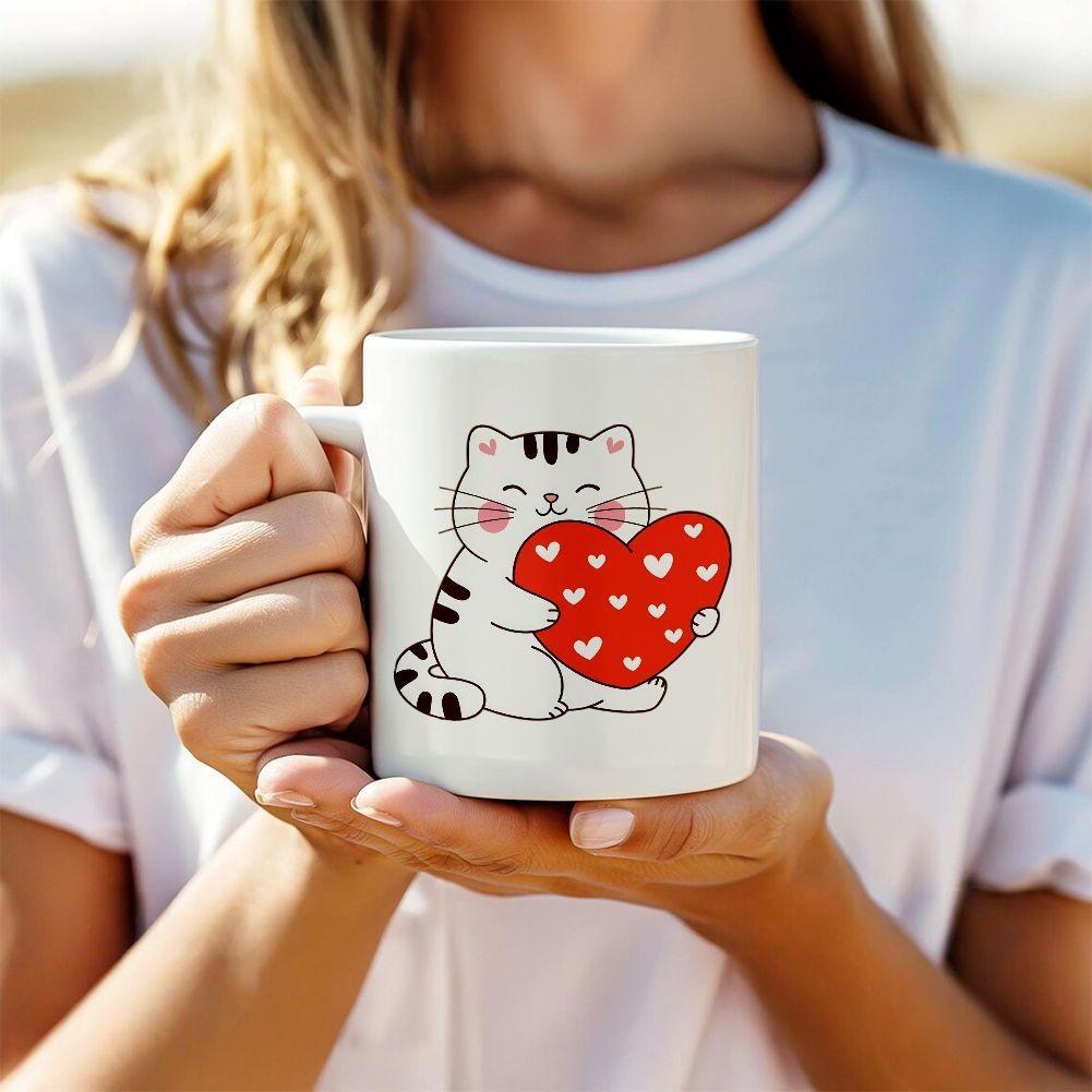 Tailorly White Ceramic 11 oz Mug - Adorable White Striped Tabby Cat Hugging A Large Vibrant Red Heart Cat
