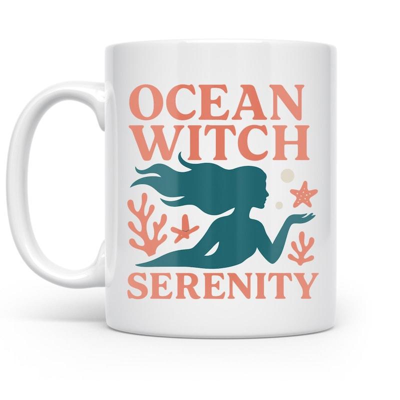 Tailorly White Ceramic 11 oz Mug - Ocean Witch Serenity Graceful Silhouette Swimming Among Pink Coral Reef And Holding A Starfish Mermaid