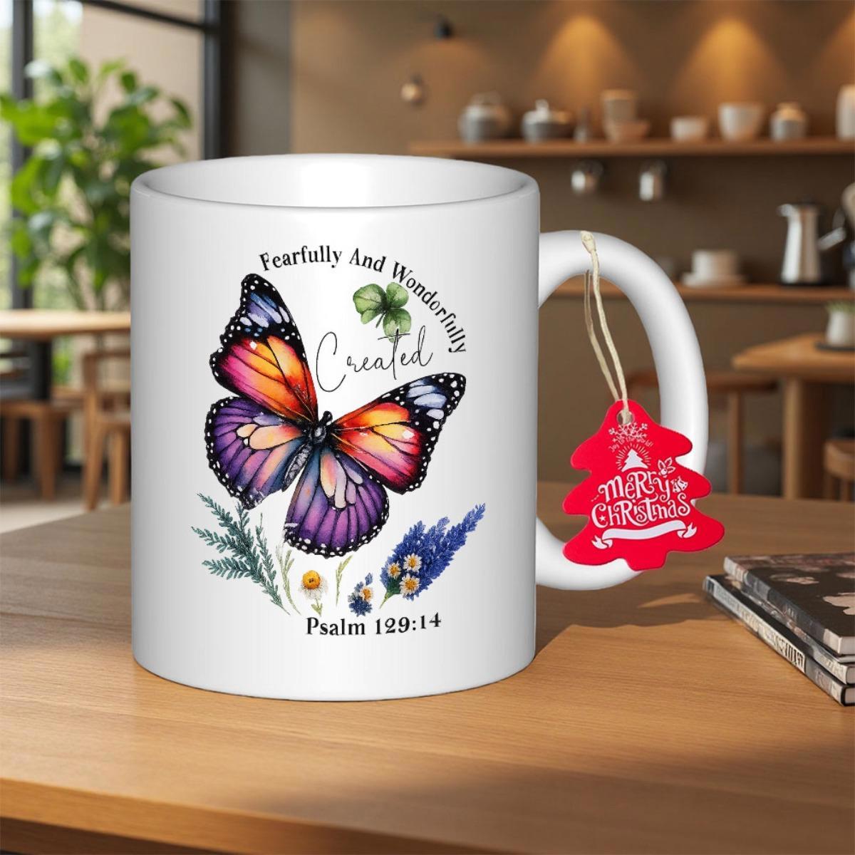 Tailorly White Ceramic 11 oz Mug - Fearfully And Wonderfully Created Psalm 139 14 Vibrant Purple And Orange Butterfly Resting Among Delicate Green Leaves And