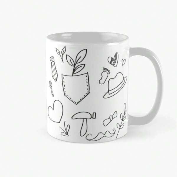 Tailorly White Ceramic 11 oz Mug - Minimalist Black Line Art Drawings Featuring Garden Sprouts And Tools Pocket