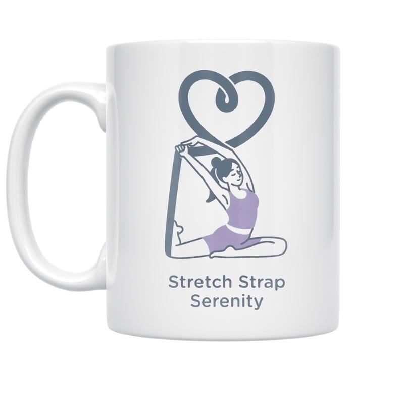 Tailorly White Ceramic 11 oz Mug - Stretch Strap Serenity Graceful Silhouette Practicing Flexible Pose Under A Minimalist Grey Heart Woman