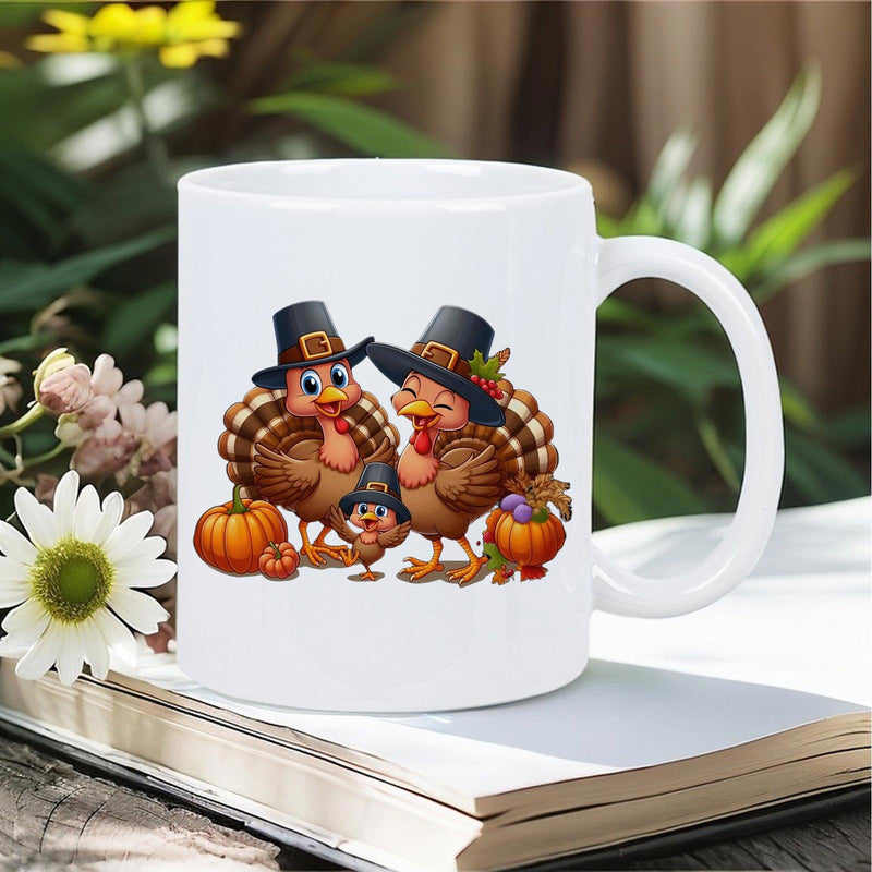 Tailorly White Ceramic 11 oz Mug - Adorable Thanksgiving Family Wearing Pilgrim Hats Among Autumn Harvest Pumpkins Turkey