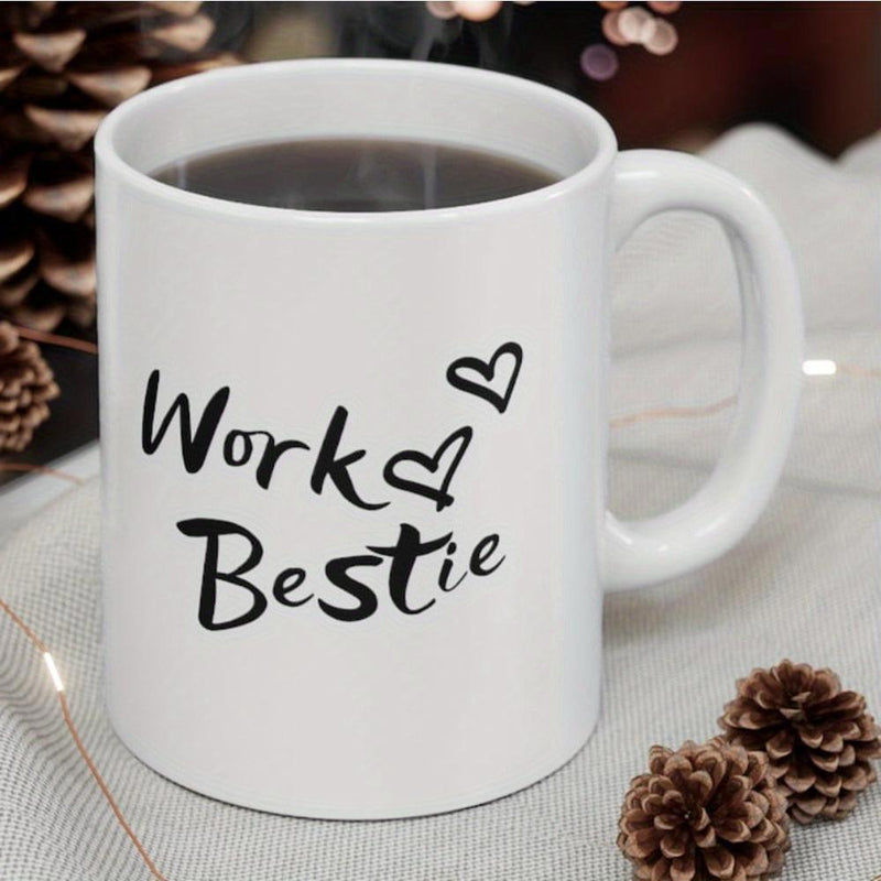 Tailorly White Ceramic 11 oz Mug - Work Bestie Minimalist Handwritten Script Featuring Two Small Hearts On A Ceramic Mug
