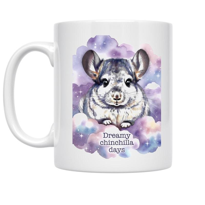 Tailorly White Ceramic 11 oz Mug - Dreamy Chinchilla Days Watercolor Style Sitting On Purple Galaxy Clouds Under Twinkling Stars Chinchilla