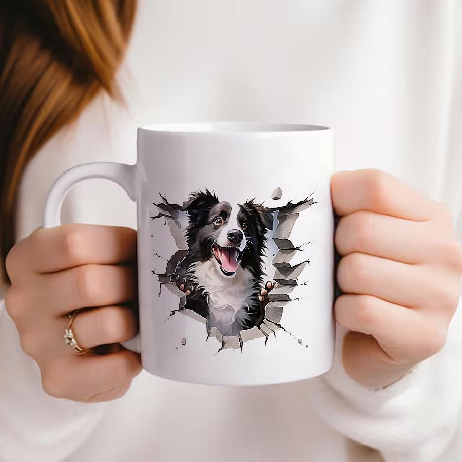 Tailorly White Ceramic 11 oz Mug - Happy Realistic Border Collie Bursting Through A Cracked White Surface Dog