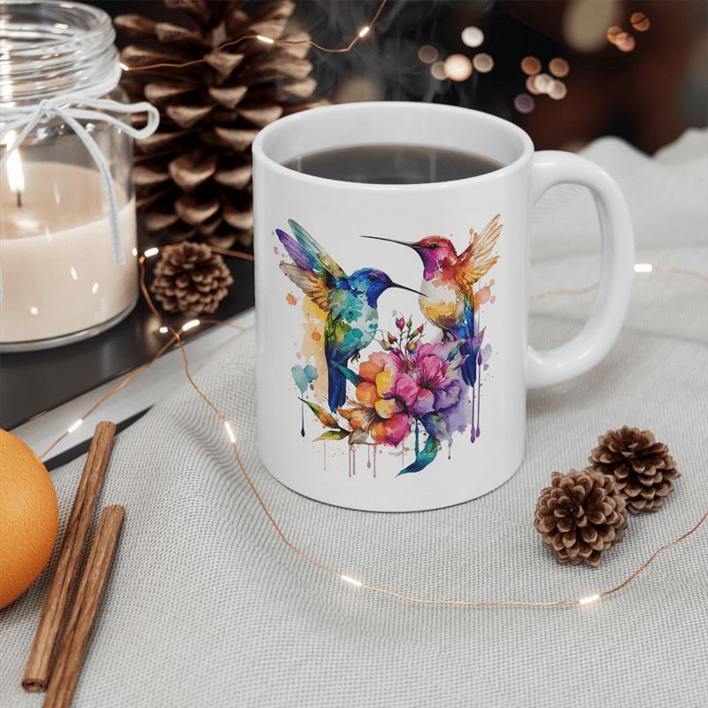 Tailorly White Ceramic 11 oz Mug - Vibrant Watercolor Artistic Design Featuring Two Birds Among Blooming Flowers Hummingbird