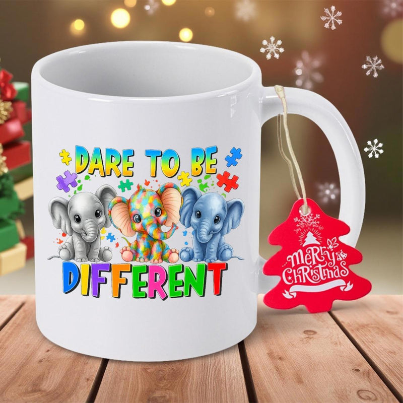 Tailorly White Ceramic 11 oz Mug - Dare To Be Different Cute Colorful Puzzle Pattern Standing Together Among Scattered Pieces Elephant