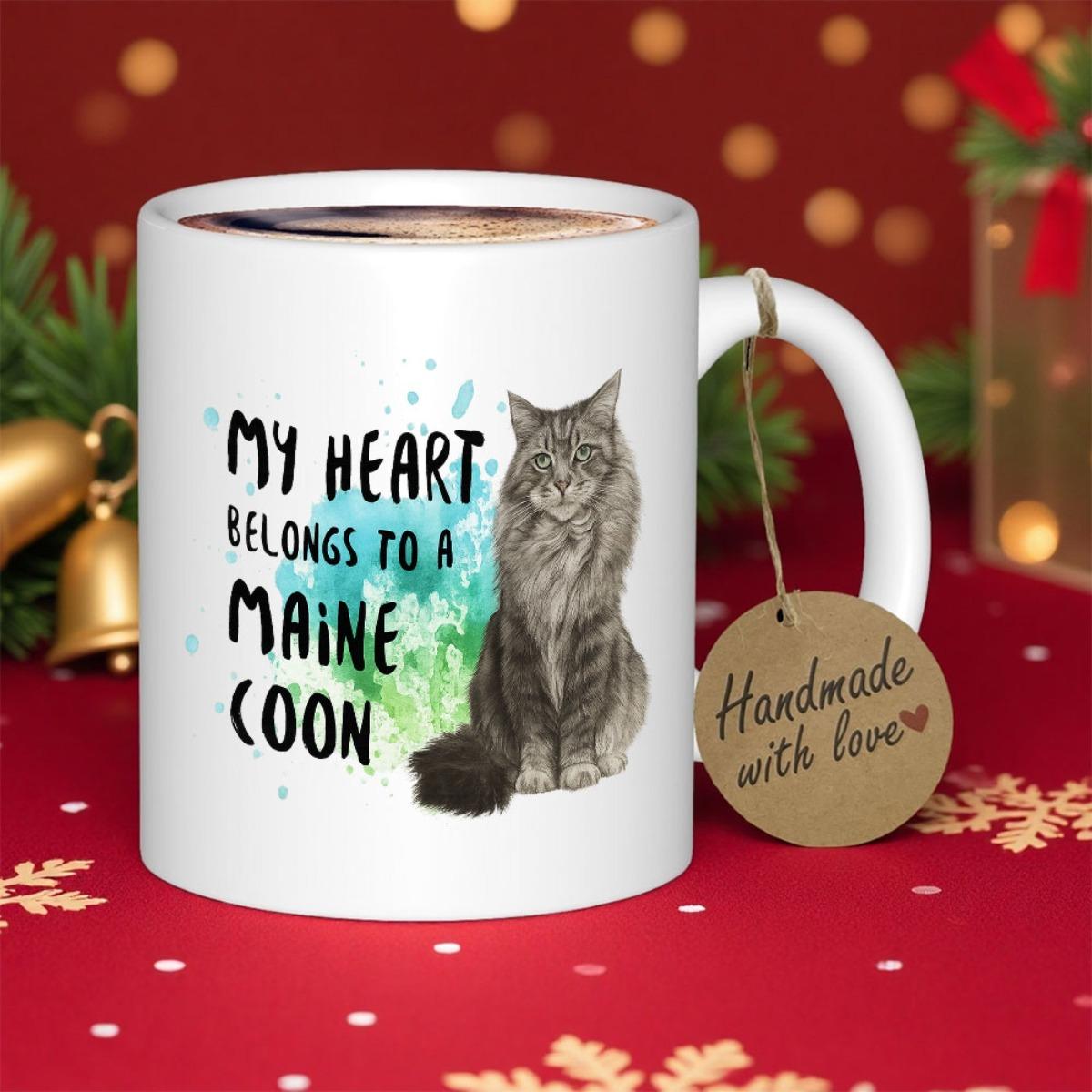 Tailorly White Ceramic 11 oz Mug - My Heart Belongs To A Maine Coon Detailed Realistic Cat Illustration Sitting Among Vibrant Artistic Watercolor Splashes Cat