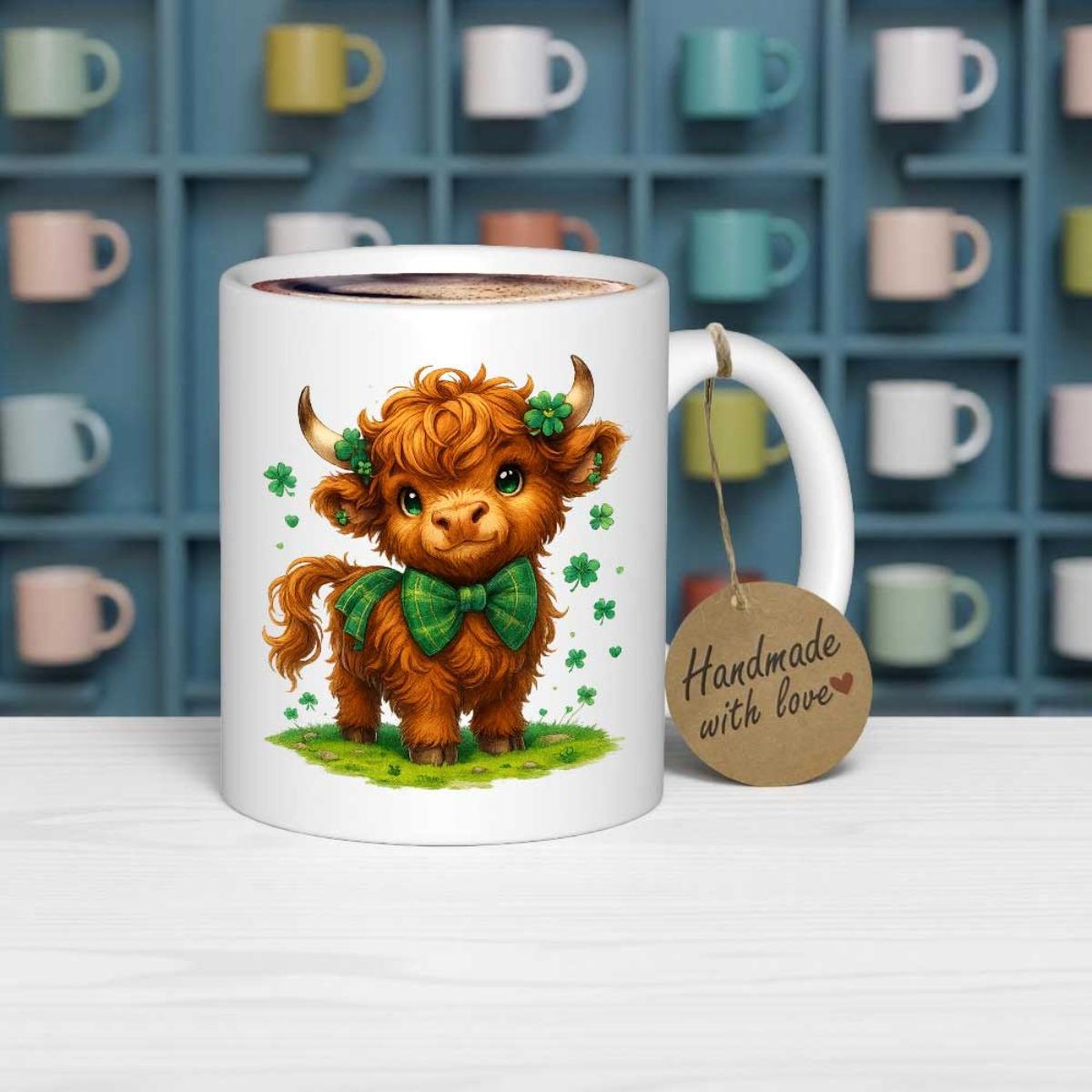Tailorly White Ceramic 11 oz Mug - Handmade With Love Adorable Fluffy Highland Cow With Green Bow Tie And Shamrocks Cow