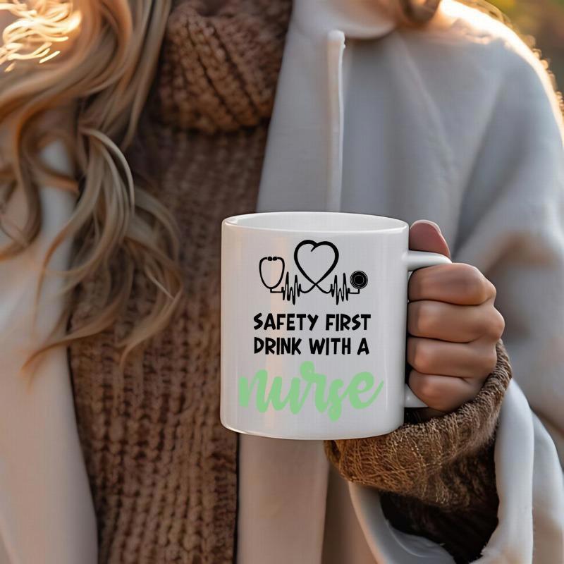 Tailorly White Ceramic 11 oz Mug - Safety First Drink With A Nurse Heart Shaped Professional Stethoscope Featuring Pulse Line And Decorative Green Script