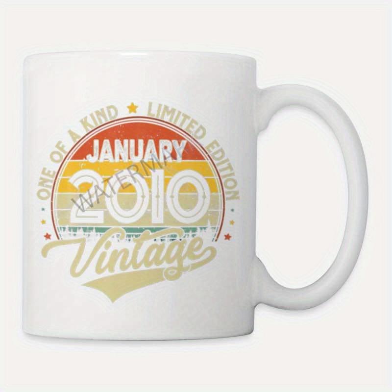 Tailorly White Ceramic 11 oz Mug - One Of A Kind Limited Edition January 2010 Vintage Retro Circular Distressed Sunset With Colorful Horizontal Stripes Mug