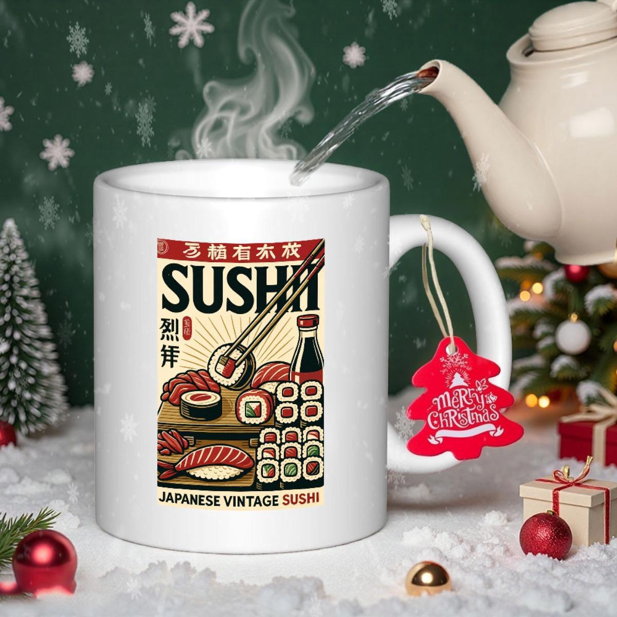Tailorly White Ceramic 11 oz Mug - Sushi Japanese Vintage Sushi Traditional Platter With Chopsticks And Soy Sauce Bottle Sushi