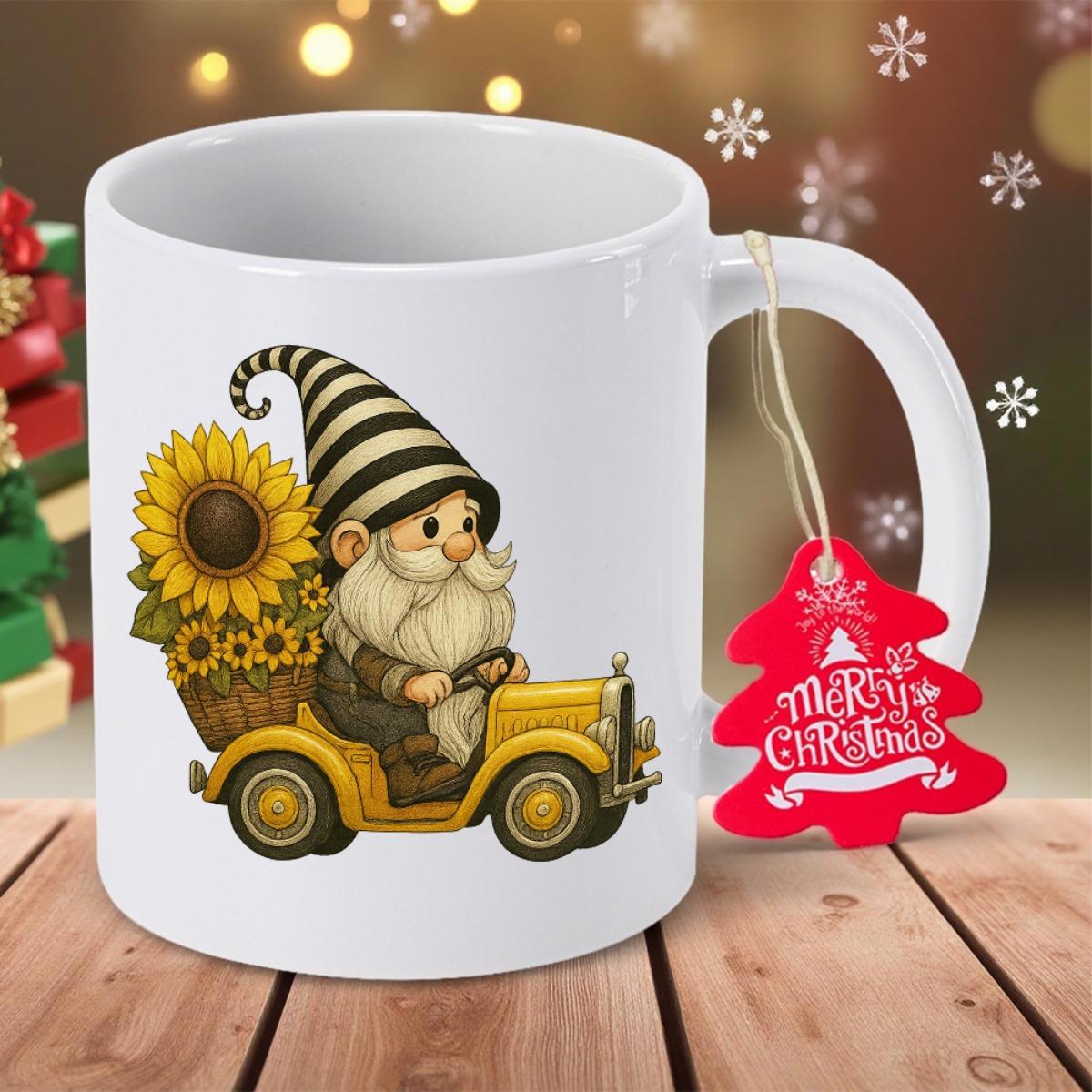 Tailorly White Ceramic 11 oz Mug - Merry Christmas Cheerful Bearded Character Driving Vintage Yellow Truck With Large Golden Sunflowers Gnome