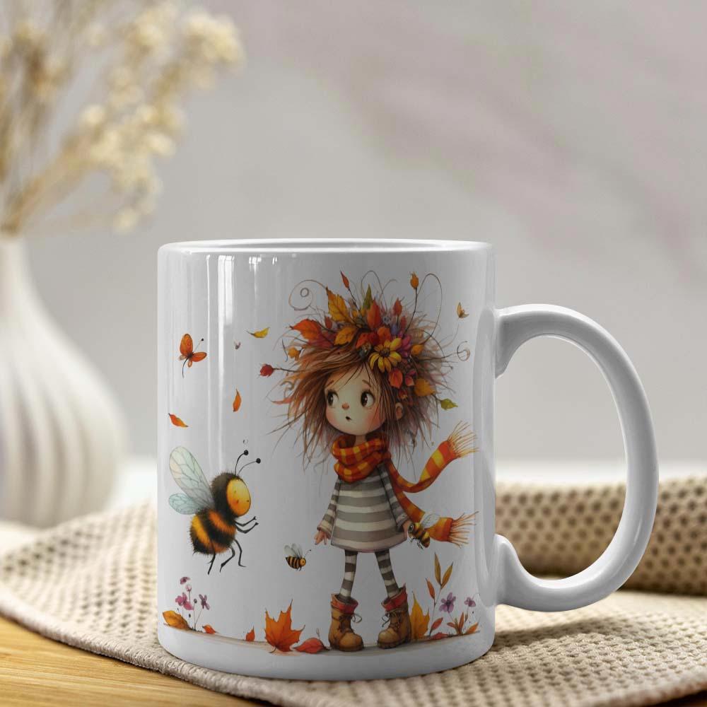 Tailorly White Ceramic 11 oz Mug - Charming Whimsical Autumn Character Wearing Scarf Among Falling Golden Maple Leaves Girl