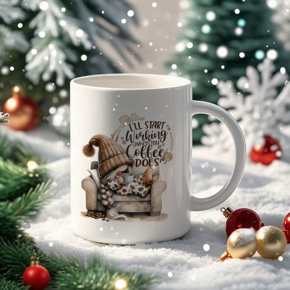Tailorly White Ceramic 11 oz Mug - Ill Start Working When My Coffee Does Cozy Small Character Holding Cup Resting In Comfy Armchair Amidst Snow Gnome