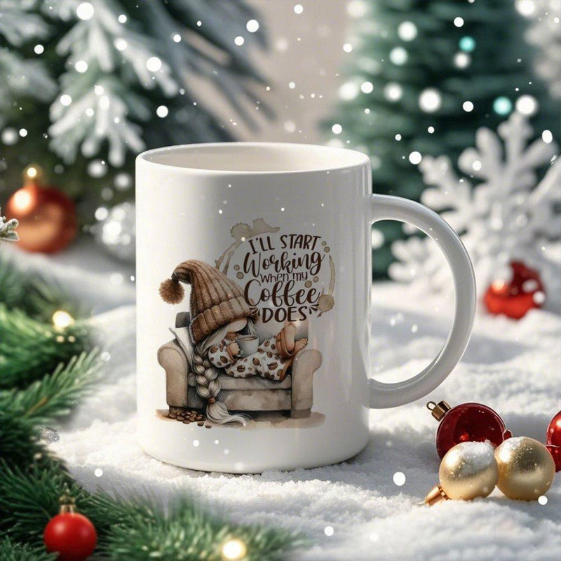 Tailorly White Ceramic 11 oz Mug - Ill Start Working When My Coffee Does Cozy Small Character Holding Cup Resting In Comfy Armchair Amidst Snow Gnome