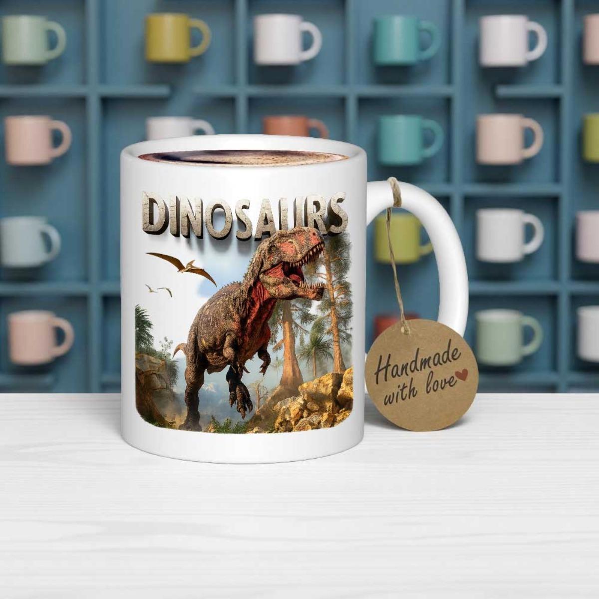 Tailorly White Ceramic 11 oz Mug - Dinosaurs Powerful Tyrannosaurus Rex Roaring In Ancient Forest With Flying Pterodactyl Dinosaur