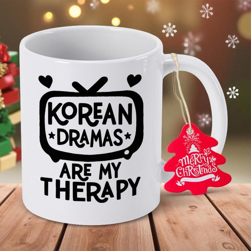 Tailorly White Ceramic 11 oz Mug - Korean Dramas Are My Therapy Retro Television Set Featuring Floating Hearts Among Sparkling Tiny Stars Television