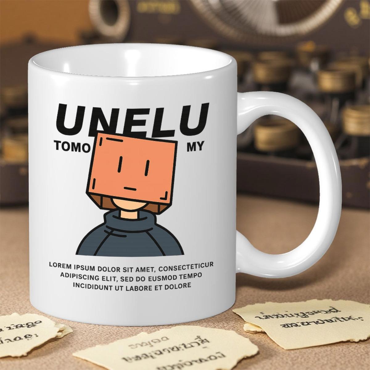 Tailorly White Ceramic 11 oz Mug - Unelu Tomo My Minimalist Illustration Of Person Wearing Cardboard Box Head Mask Character