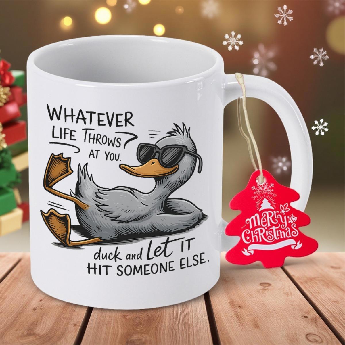 Tailorly White Ceramic 11 oz Mug - Whatever Life Throws At You Duck And Let It Hit Someone Else Funny Cartoon Wearing Sunglasses Lying Relaxed On Glossy White