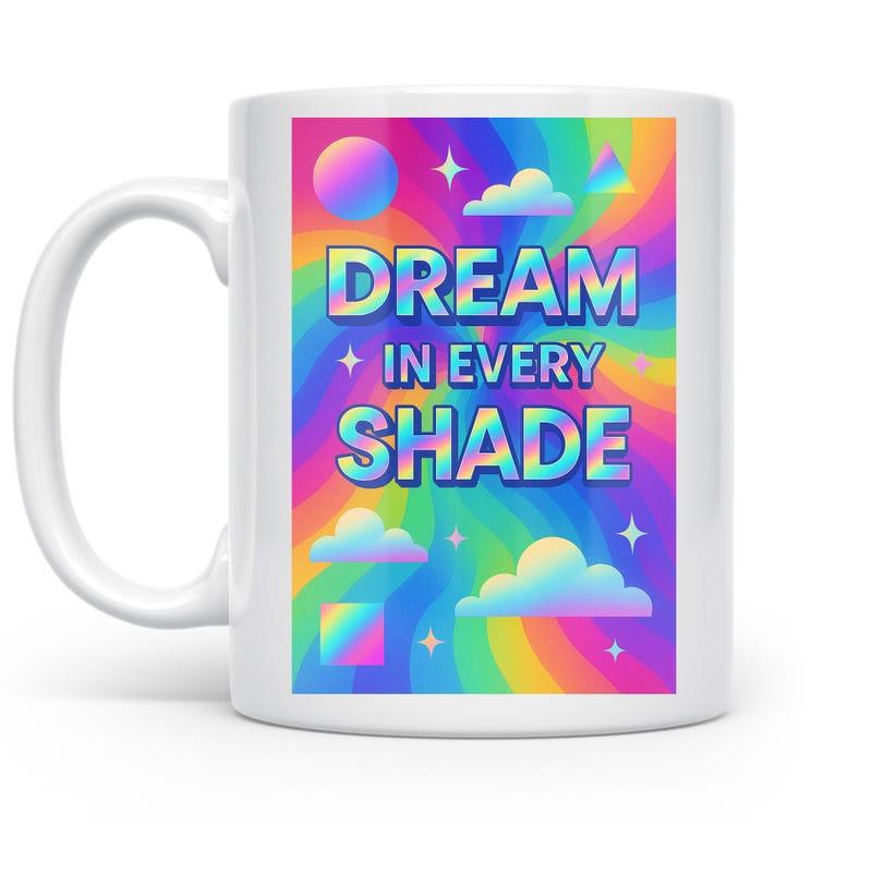 Tailorly White Ceramic 11 oz Mug - Dream In Every Shade Colorful Rainbow Swirls With Fluffy Clouds And Shimmering Stars Mug