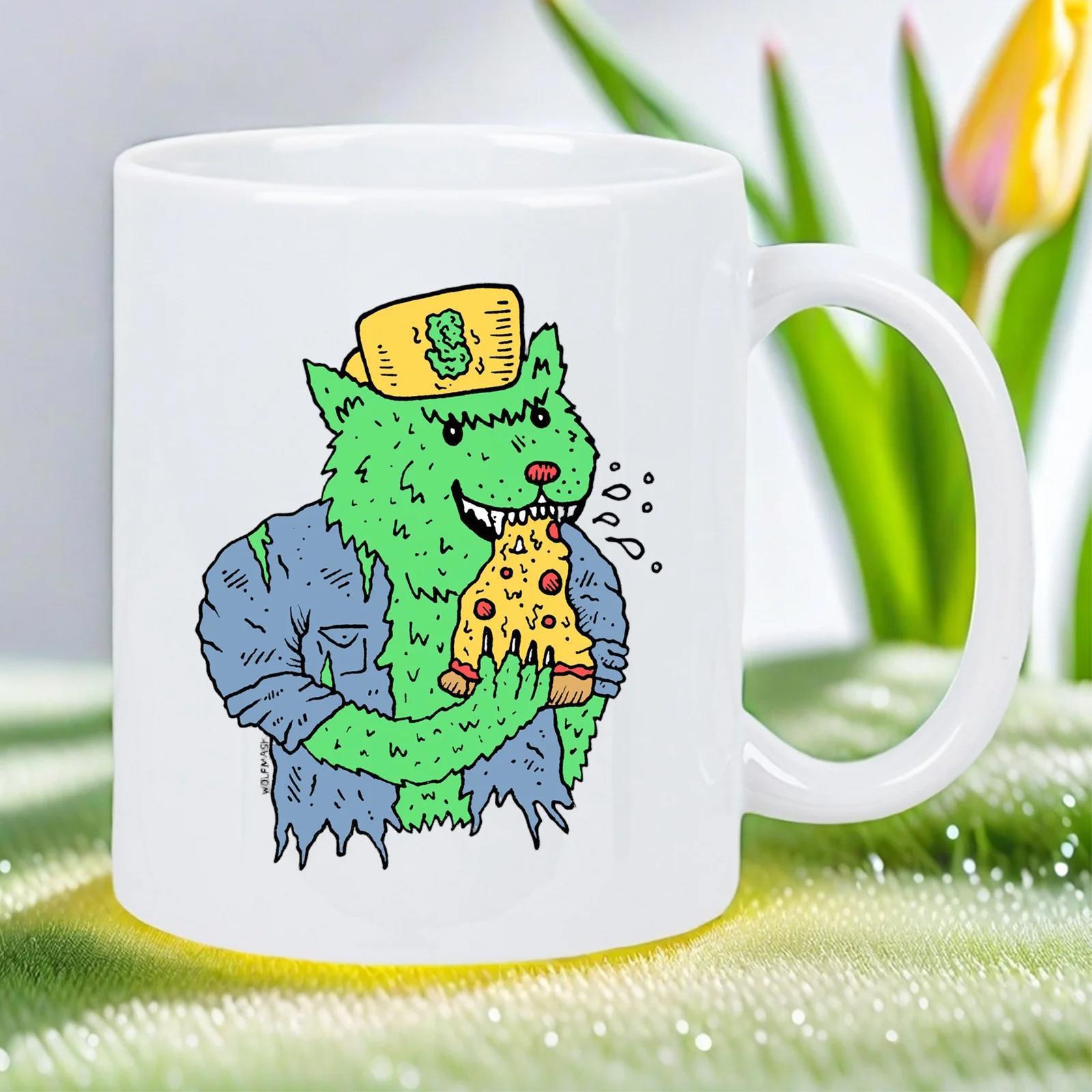 Tailorly White Ceramic 11 oz Mug - Vibrant Green Furry Creature Eating Cheesy Pizza Wearing Yellow Hat Cat