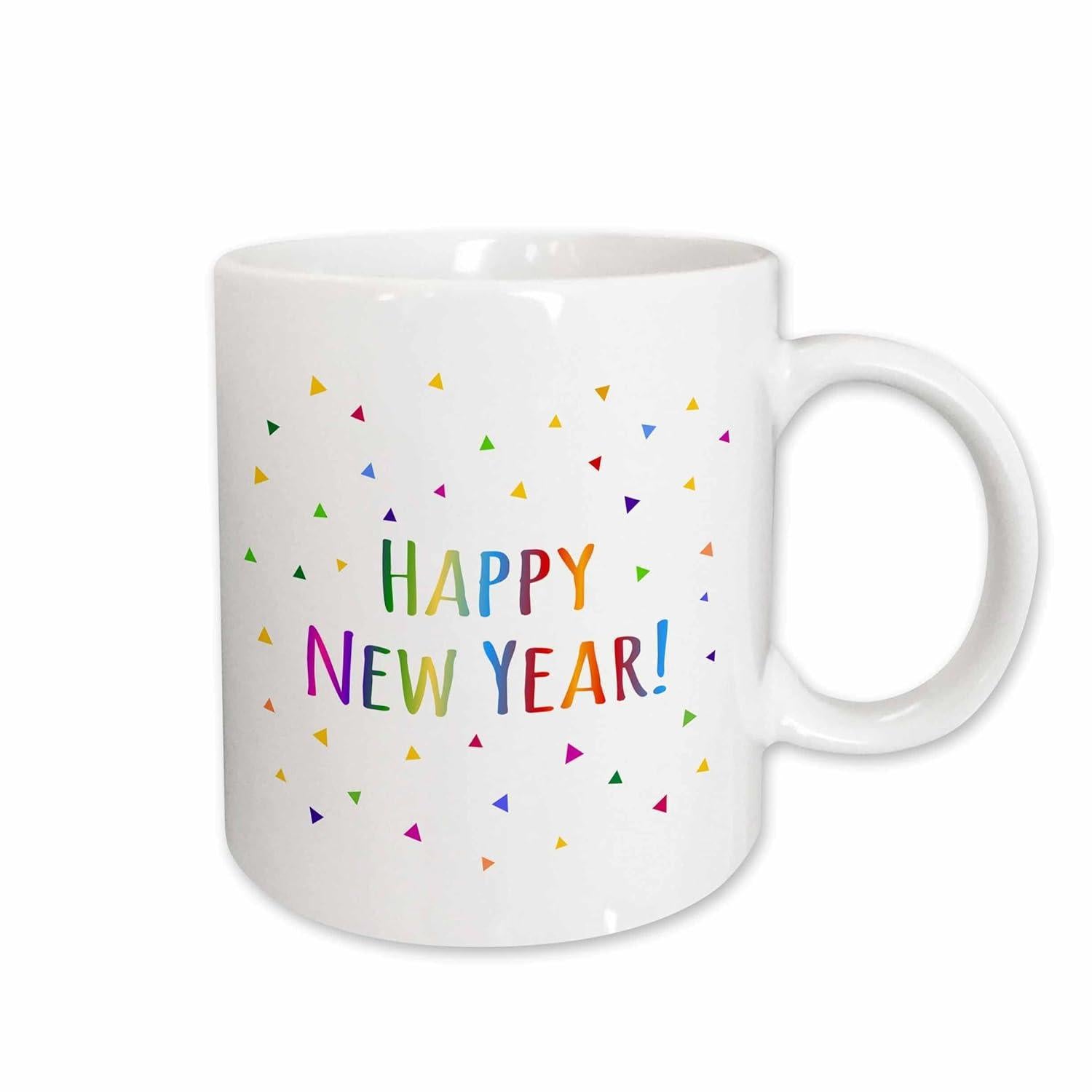 Tailorly White Ceramic 11 oz Mug - Happy New Year Vibrant Colorful Dots Scattered Gently Around Festive Celebration Message Under Confetti Pattern
