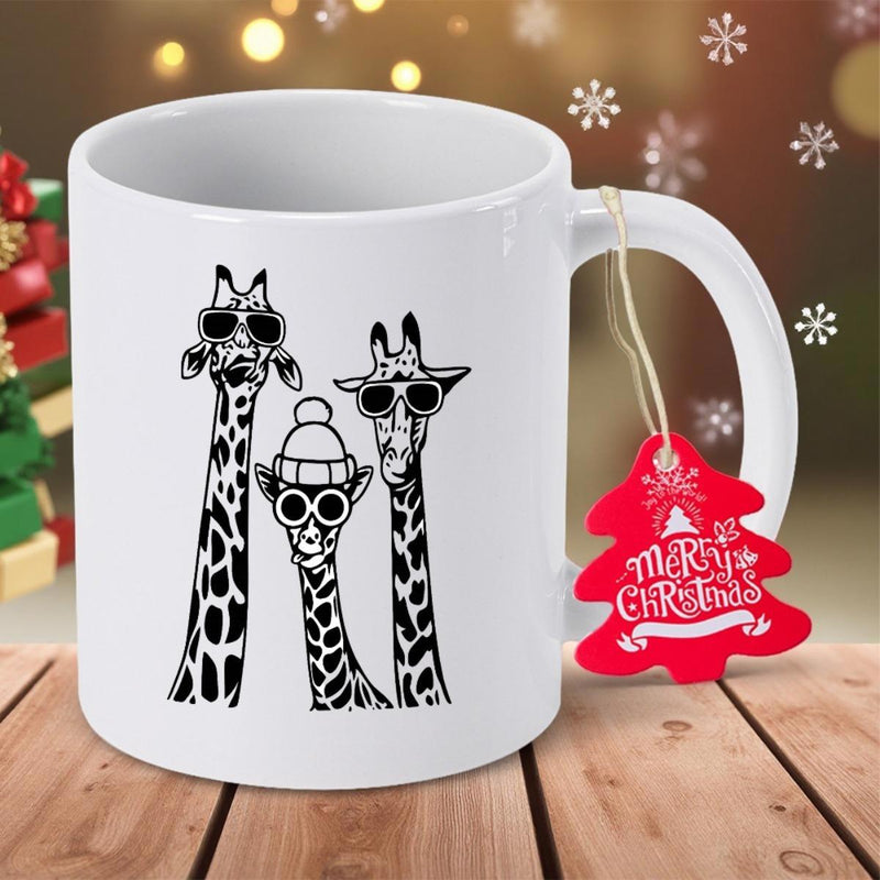 Tailorly White Ceramic 11 oz Mug - Merry Christmas Three Cool Animals With Sunglasses And A Winter Beanie Giraffe